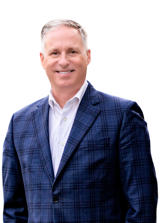 Brad Bailey smiling in front of an aerial view of The Woodlands, Texas